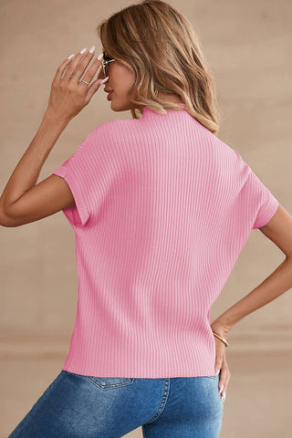 Pink Patch Pocket Ribbed Knit Short Sleeve Sweater Women's Top    - Chickie Collective