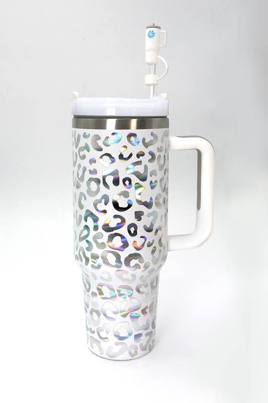 A white 40oz CLOUD/FLOWER/RAINBOW TUMBLER STRAW COVER CAP travel mug with a leopard print pattern and a straw cup by Wall To Wall Accessories.