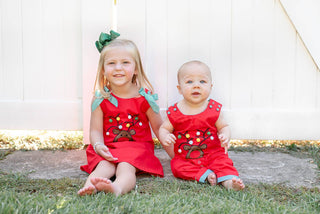 Red Plaid Pom-Pom Reindeer Overalls: 6-12M Kids clothes    - Chickie Collective