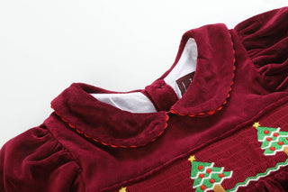 Red Velour Christmas Tree Smocked Dress: Girls Dress - Chickie Collective
