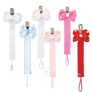 Crochet Edge Grosgrain Pacifier Clip w/ Detachable Bow: White w/ White Crochet Edge - Chickie Collective