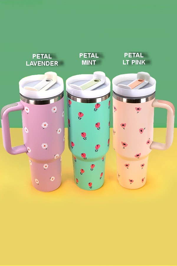 A set of colorful 40oz STAINLESS STEEL TUMBLER travel mugs with lids and handles that are BPA-free, by Wall To Wall Accessories.