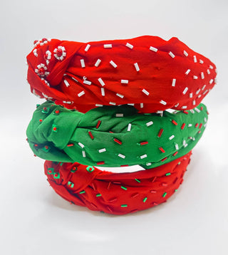 Christmas Beaded Headband with Red Fabric and Green Red Sprinkles for Holiday Festivities Headband    - Chickie Collective