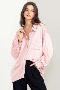 Pink | Completely Charmed Oversized Satin Shirt Women's Top    - Chickie Collective