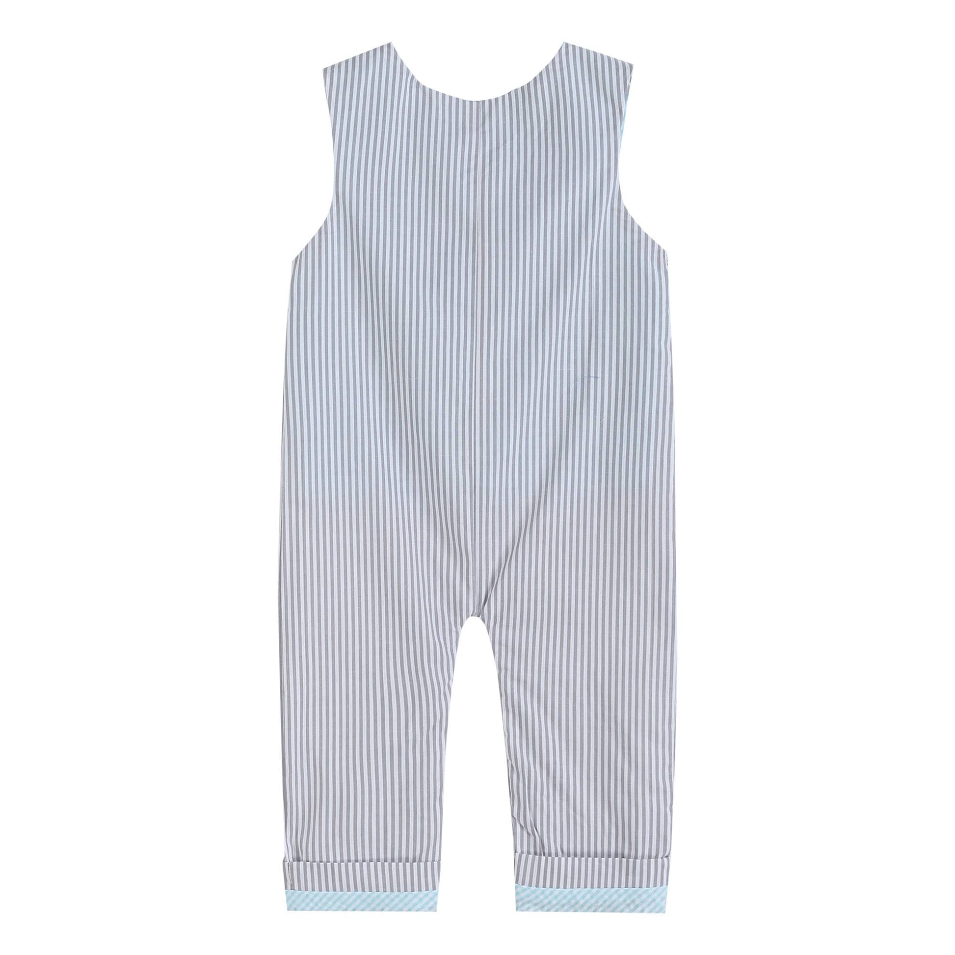 An adorable Lil Cactus baby boy's romper in soft cotton, featuring cute details and gray and blue stripes.