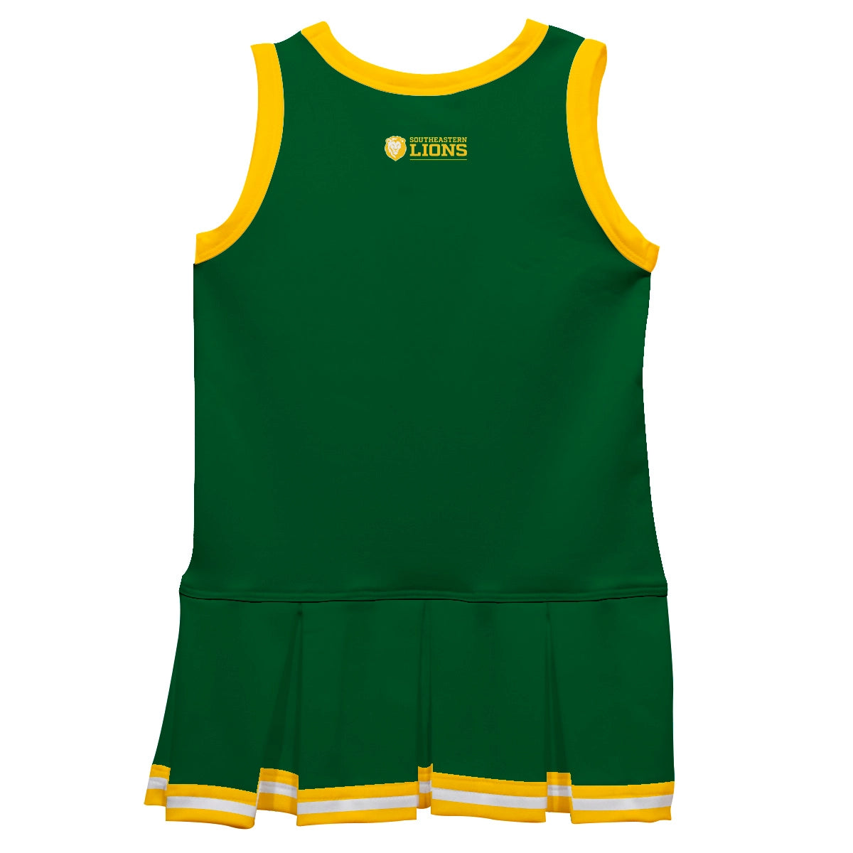 A green and yellow Southeastern Lions Cheer Set with yellow trim by Vive La Fete.