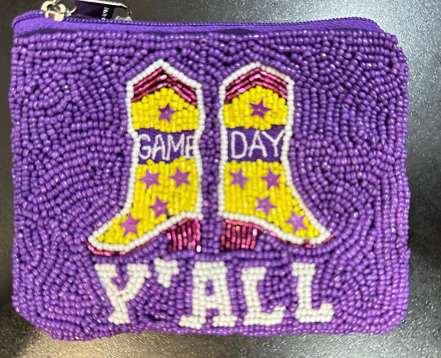 A Beaded Coin Purse - Purple and Gold - Game Day Y'all Boots by Misc Accessories with the words "game day yall" on it.