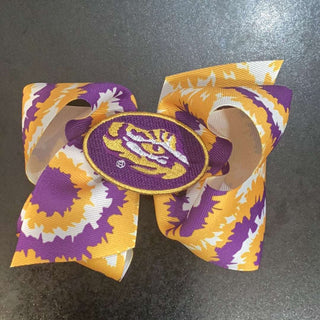 LSU Tie-Dye Bow w/ embroidered Eye of the Tiger Bow    - Chickie Collective