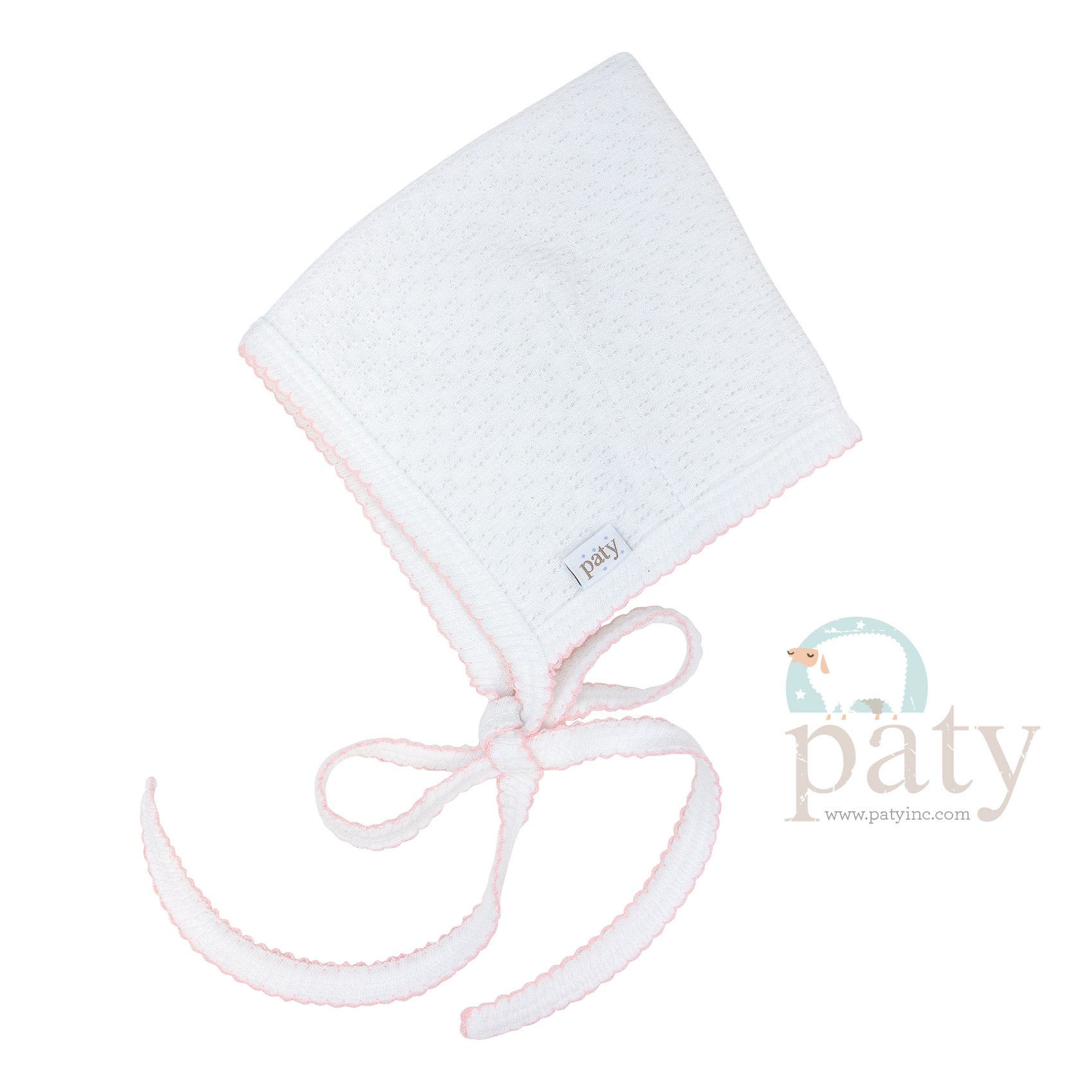 A comfortable Paty Knit bonnet for a baby with pink trim.