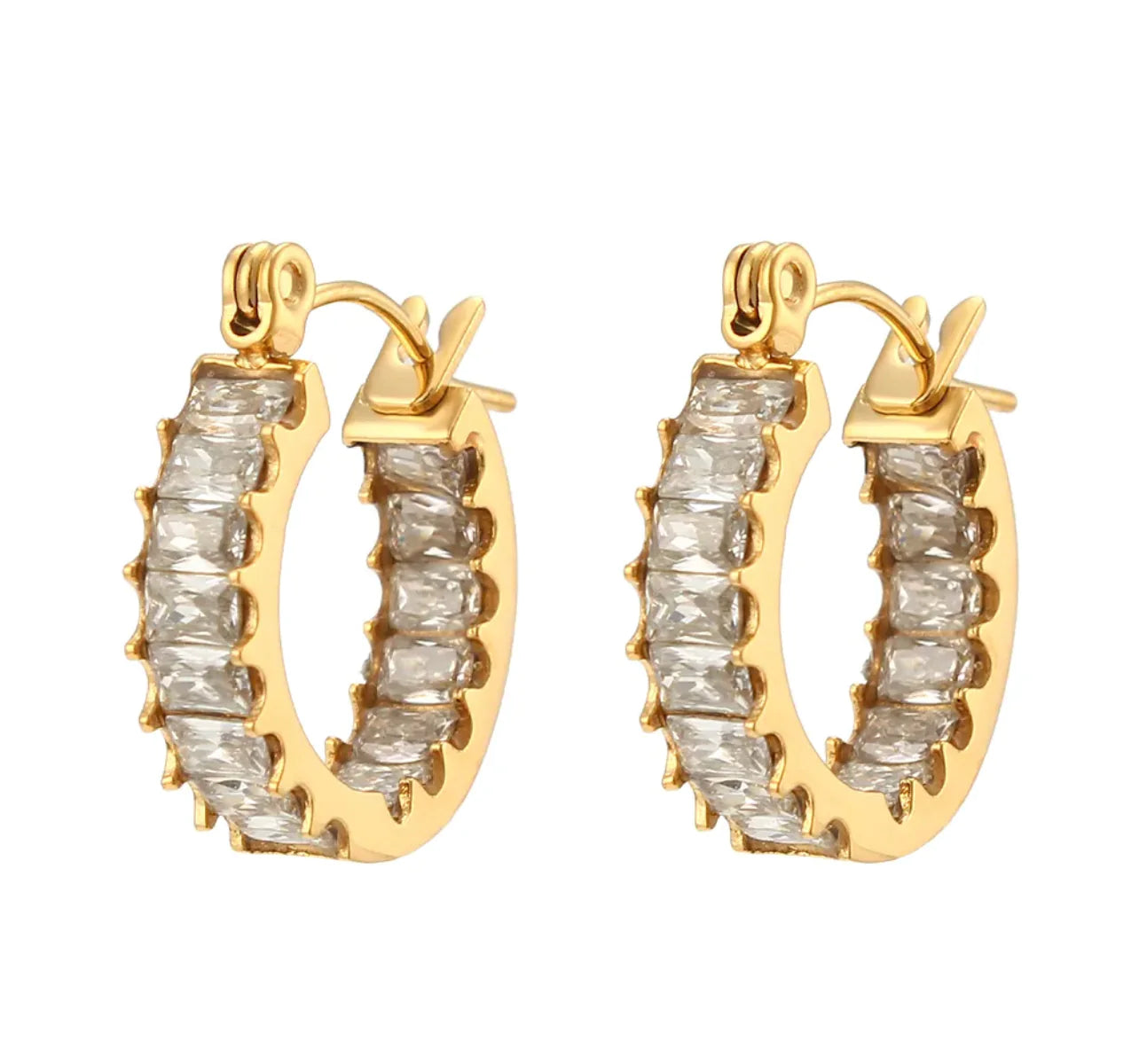 a pair of Becca Baguette Earrings with cubic zirconia stones by Lacy Rae Jewelry.