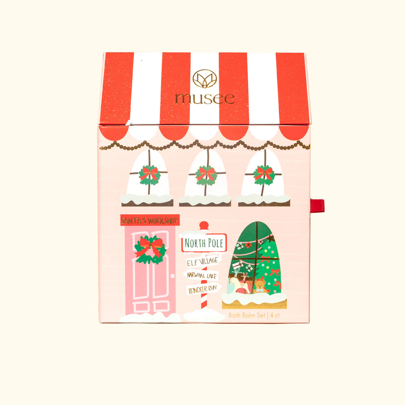 The Musee The North Pole Four Bath Balm Set from Musee is a box adorned with a festive Christmas tree and decorations. This set encompasses the magic of the holiday season in each bath balm.