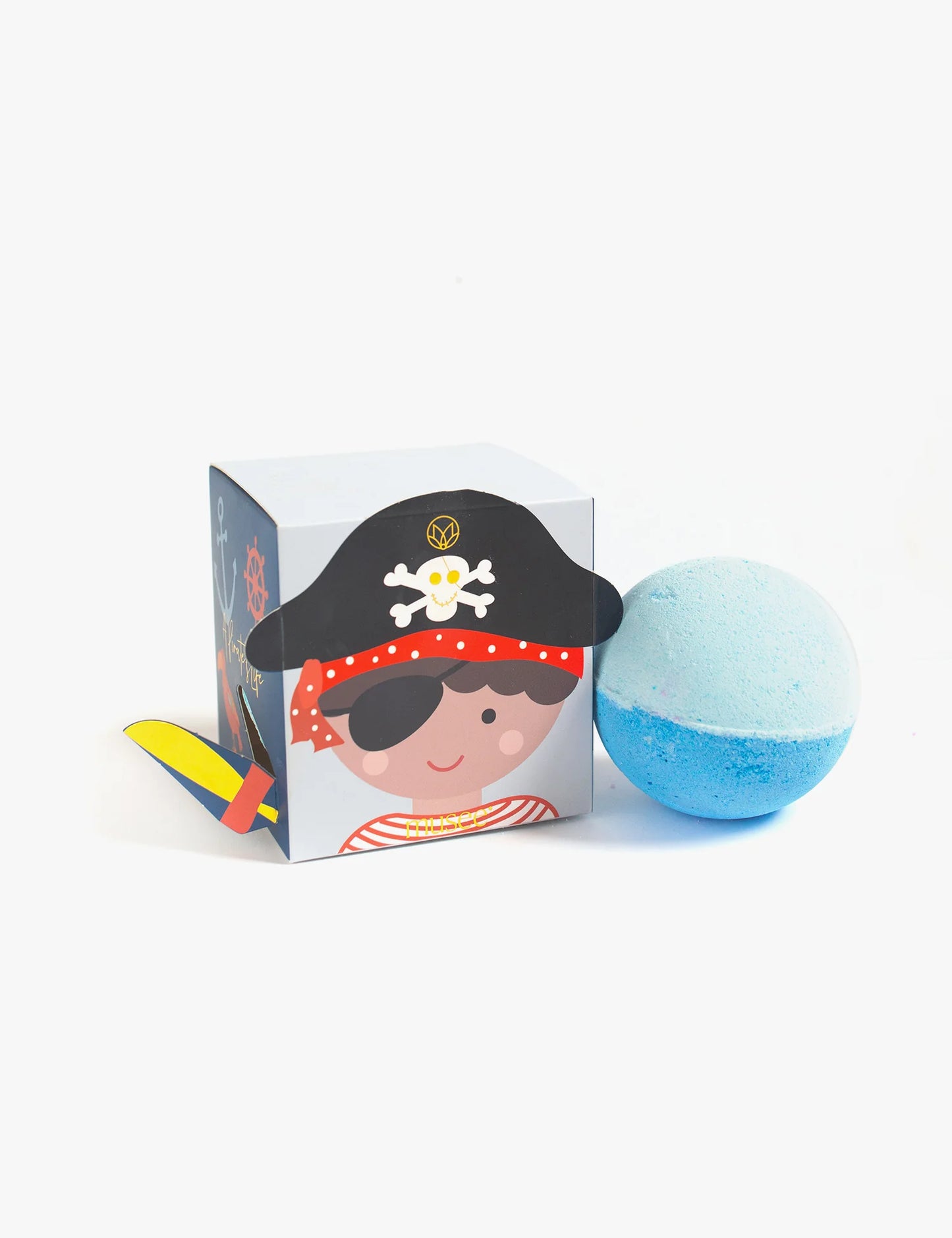 Introducing the Musee Pirate's Life Bath Bomb, a unique and whimsical creation that combines the essence of an oceanic adventure with natural ingredients. This enchanting bath bomb features a striking blue hue, reminiscent