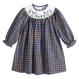 Blue Flannel Plaid Mallard Smocked Bishop Dress     - Chickie Collective