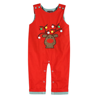 Red Plaid Pom-Pom Reindeer Overalls: 6-12M Kids clothes    - Chickie Collective