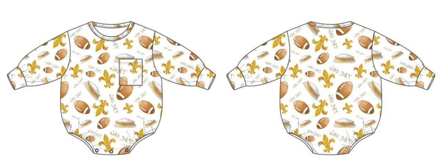Two Who Dat Football Long Sleeve Bubble Rompers with different designs on them, made by SeersuckerJOEY LLC.