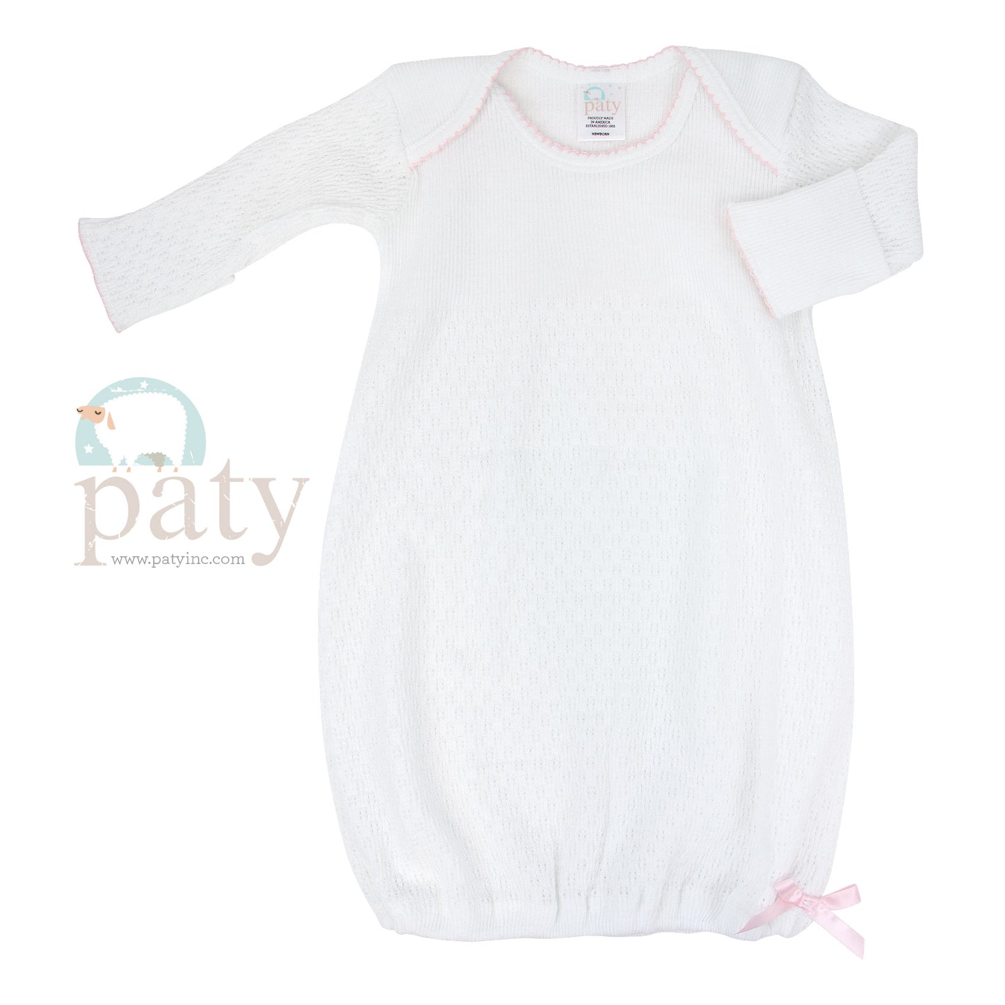 A white Paty baby gown with pink trim, featuring an easy-access design for maximum convenience.