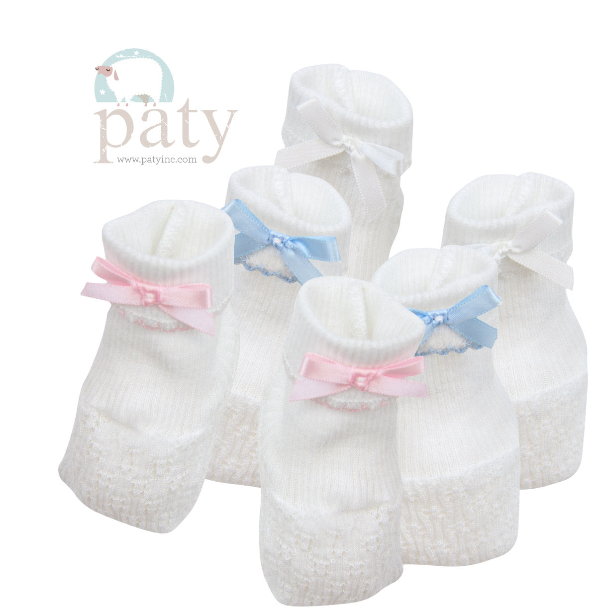 A group of Paty Booties in white with pink and blue bows.