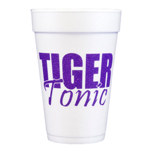 A white cup with the word "LSU Tiger Tonic- 16oz Styrofoam Cups" by Pink Machine on it.