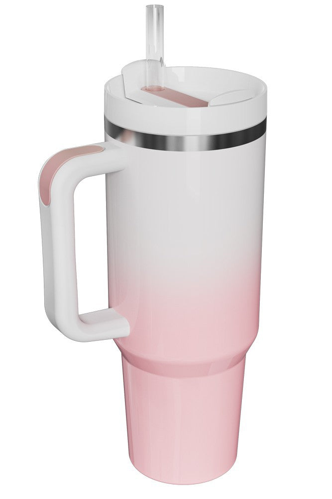 A 40oz Stainless Tumbler with Handle in pink and white by Hotline Wholesale.