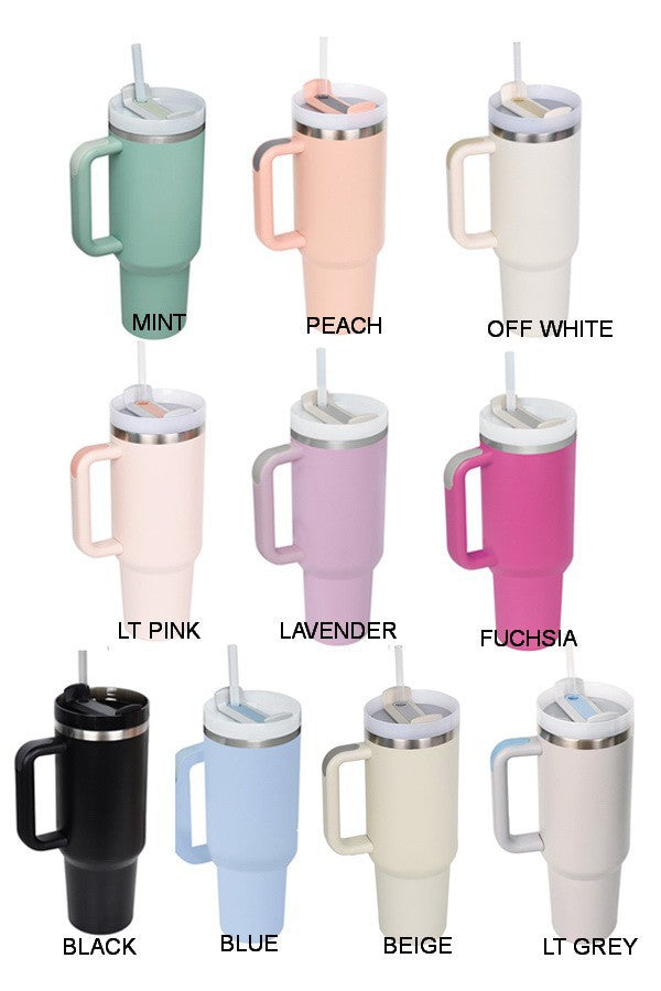 A set of 40oz Stainless Tumblers with Handles from Hotline Wholesale, in different colors, with straws.