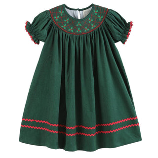 Christmas Mistletoe Embroidered Green Smocked Bishop Dress Girls Dresses - Chickie Collective