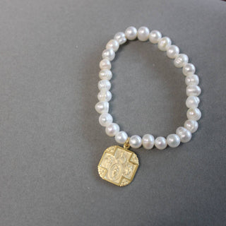 Pearl Stretch Bracelet with Square 4 Way Cross Medal Bracelet    - Chickie Collective