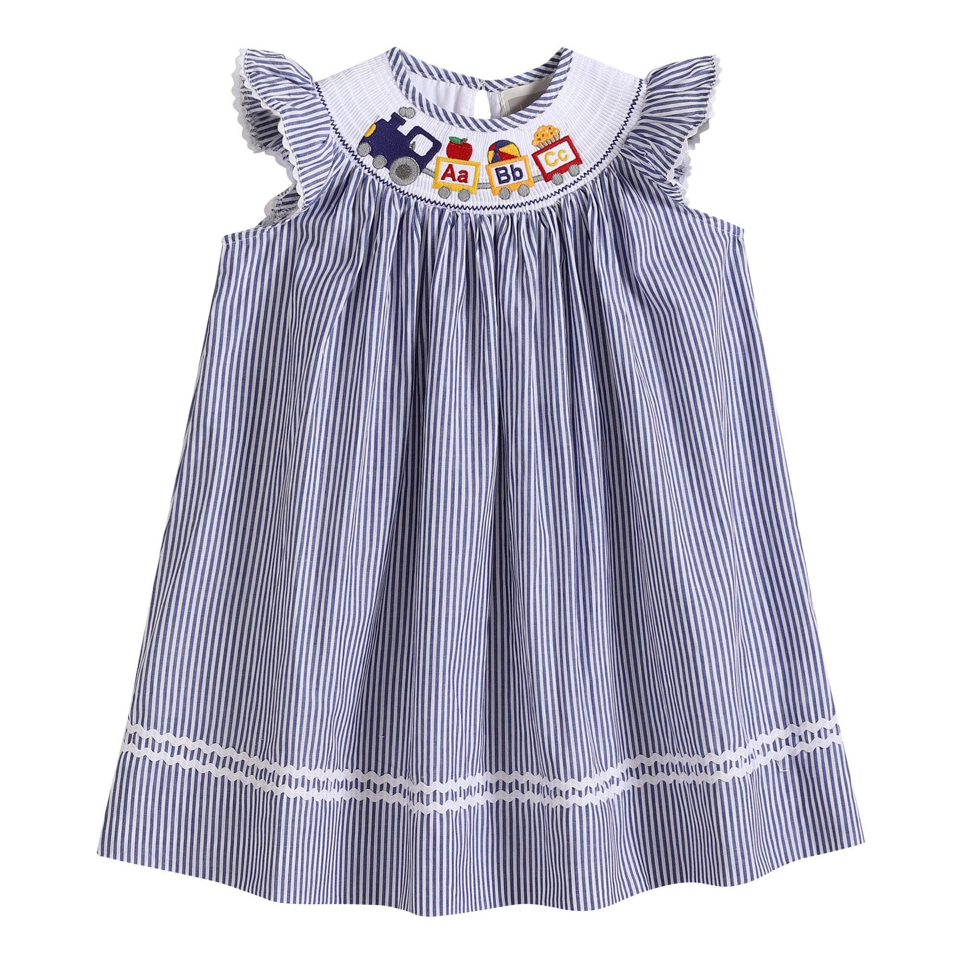 A Lil Cactus Blue Striped Alphabet Train Smocked Bishop Dress with a train applique.