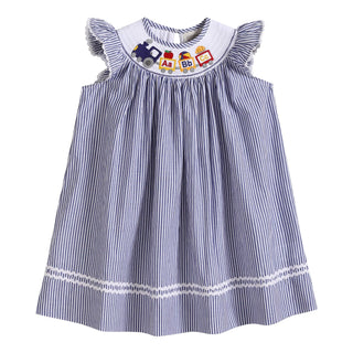 Blue Striped Alphabet Train Smocked Bishop Dress     - Chickie Collective