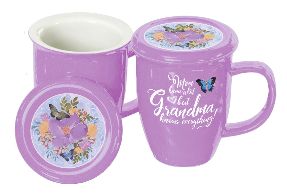 A Nicole Brayden Grandma Covered Mug with a butterfly on it.