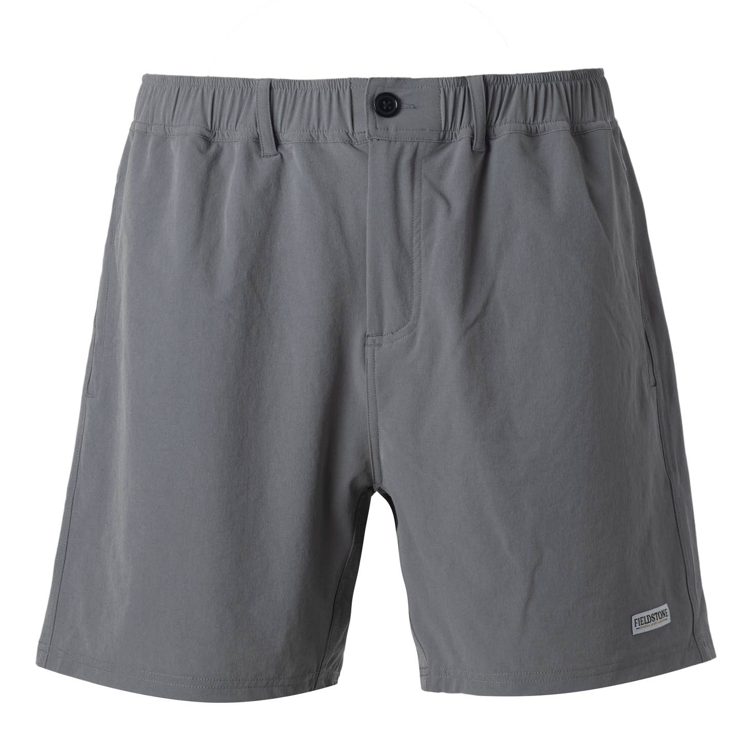 A pair of Fieldstone Outdoor Provisions Co.'s Rambler Shorts with a button on the side.