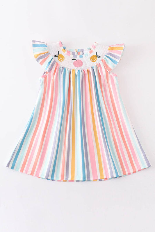 A Honeydew multicolored stripe orange peach smocked dress with a cat on it.