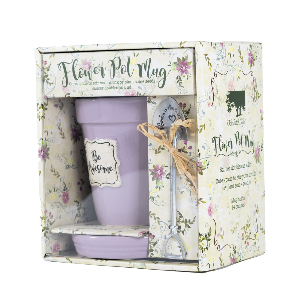 A Lilac Flower Pot Mug - Be Awesome by Nicole Brayden in a floral box.