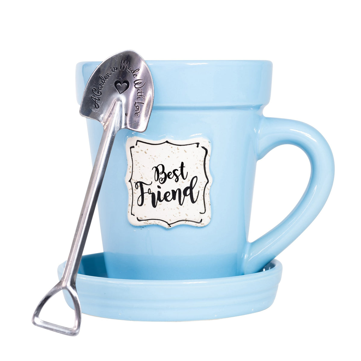 A Nicole Brayden Blue Flower Pot Mug - Best Friend with a spoon inside of it.