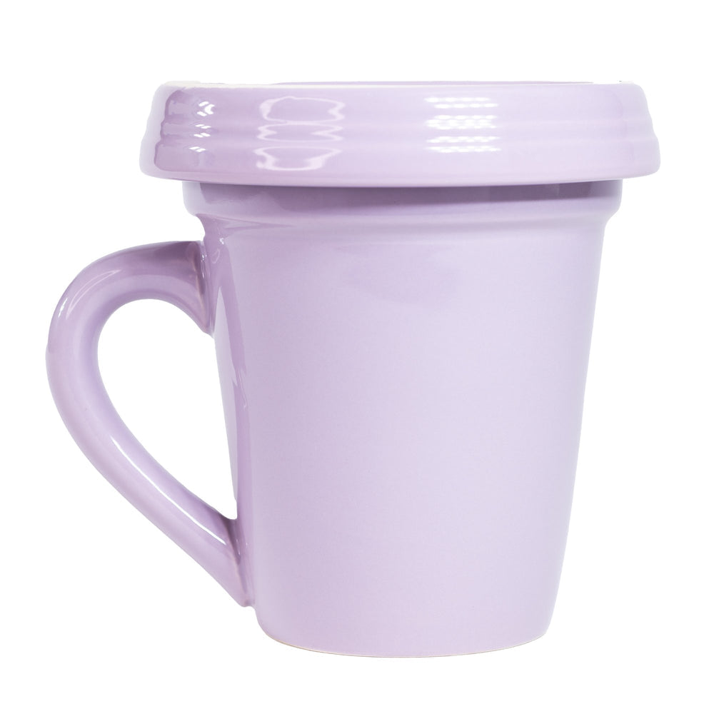 A Lilac Flower Pot Mug - Be Awesome with a lid on a white background from Nicole Brayden.