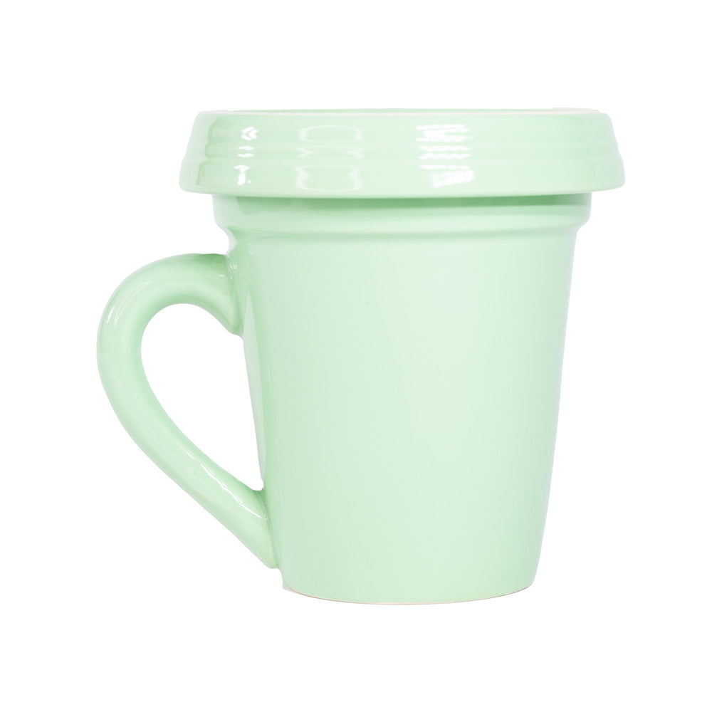 A Green Flower Pot Mug - Be Happy with a lid on a white background by Nicole Brayden.