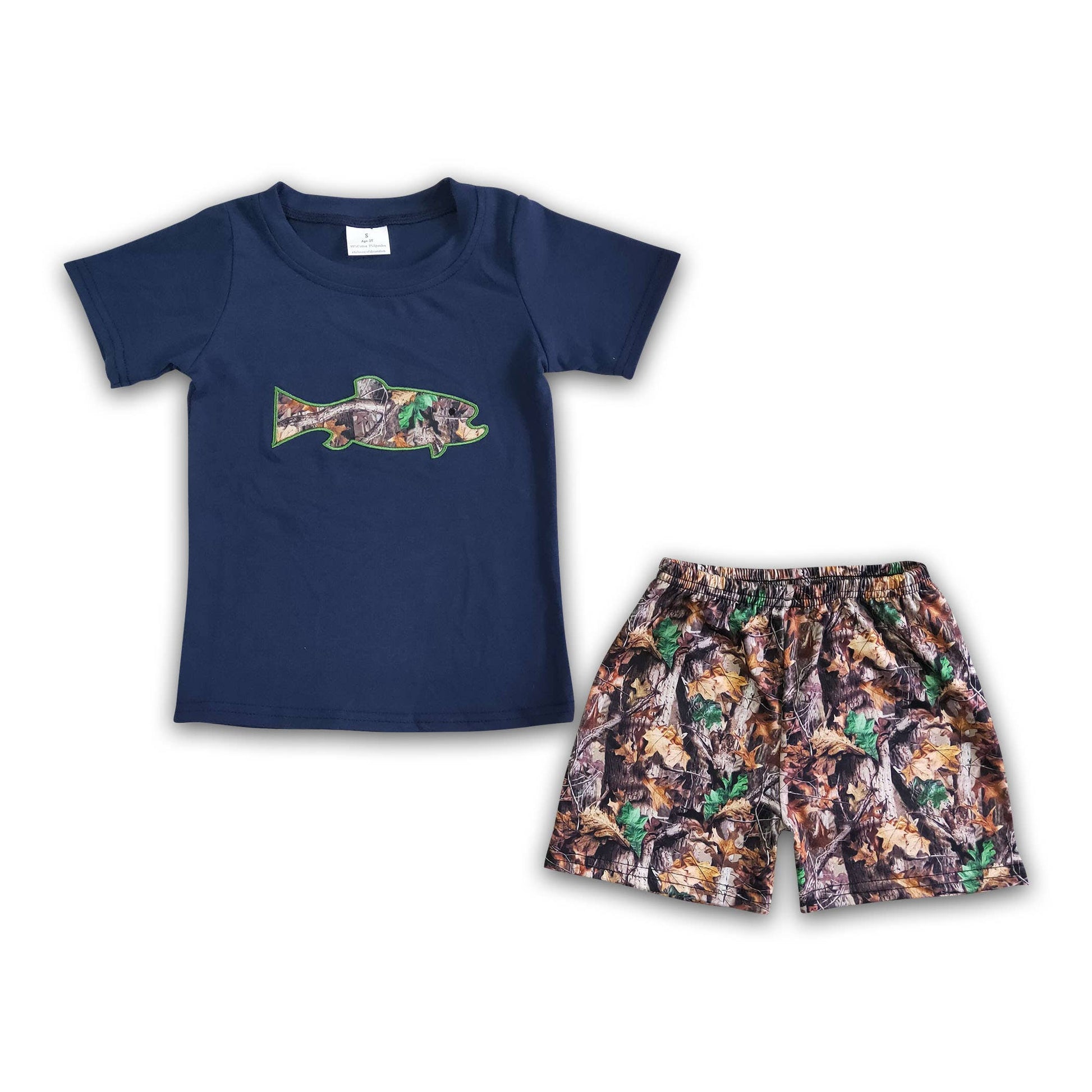 A boy's Fish embroidery cotton shirt camo shorts set with a fish print, by Yawoo Garments.
