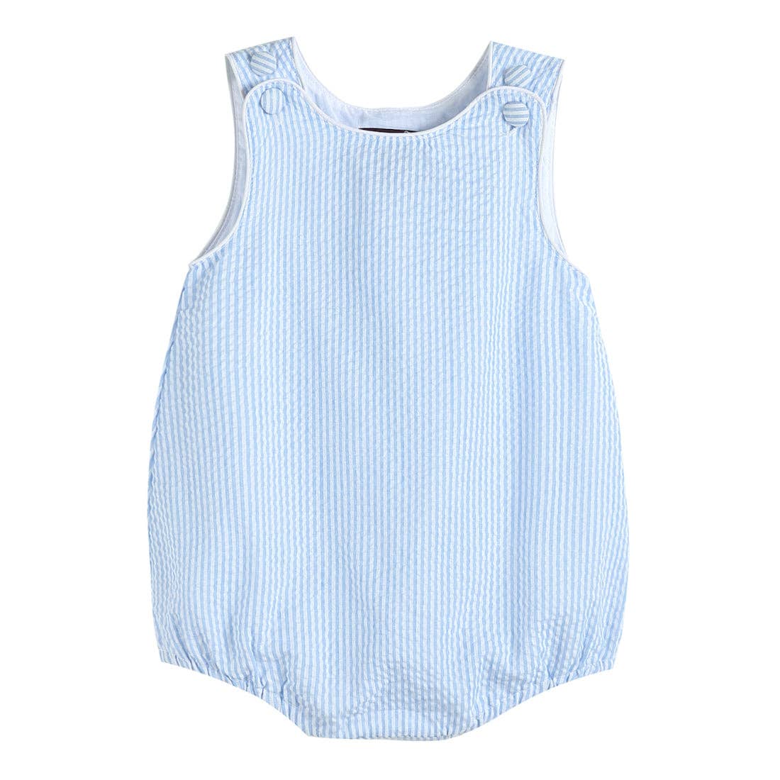 An adorable baby boy's Lil Cactus Classic Light Blue Seersucker Bubble Romper: 12-18M made of soft cotton, showcasing cute details on a white background.