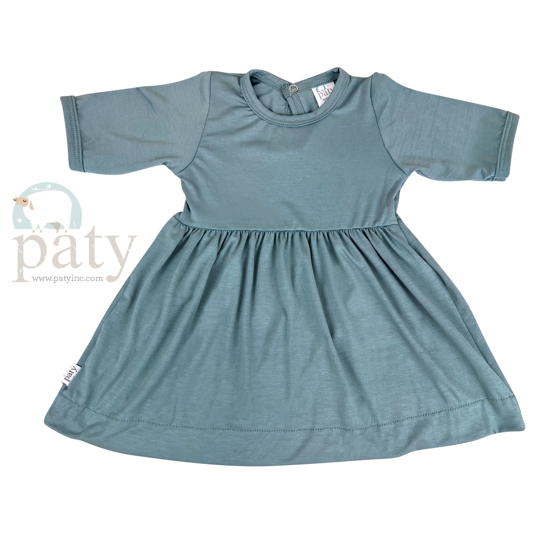 A baby girl's blue Paty Bamboo Dress on a white background.