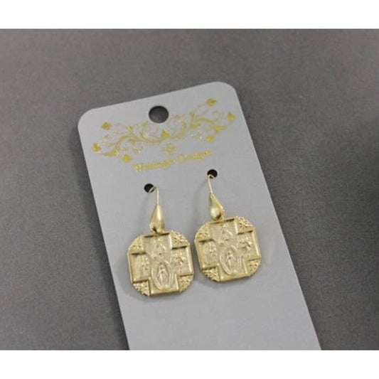 A pair of gold plated Weisinger Designs Square 4 Way Medal Earrings on a card, with religious significance.