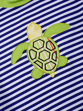 Blue Stripe Sea Turtle Applique Boy Top Kid's T-shirts    - Chickie Collective