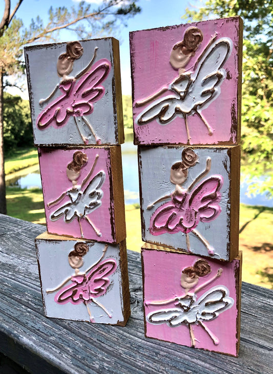 Four 3x3 Ballerina Dancer | White handmade wooden blocks with pink and gold dragonflies, a perfect gift for a ballerina dancer. Brand: Coddiwomple