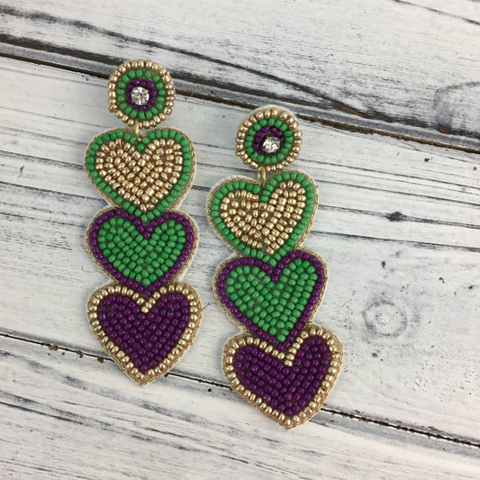 Two adorable SongLily Mardi Gras beaded stacked hearts earrings.