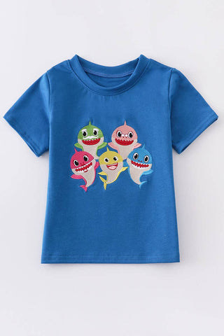 Blue Shark Embroidery Shirt Kid's T-shirts    - Chickie Collective