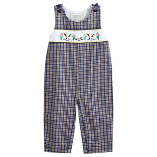 Blue Flannel Plaid Mallard Smocked Overalls     - Chickie Collective