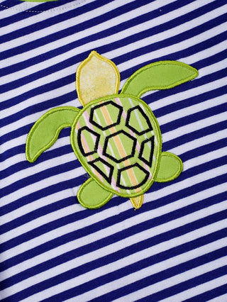 Blue Stripe Sea Turtle Applique Boy Romper boys romper    - Chickie Collective