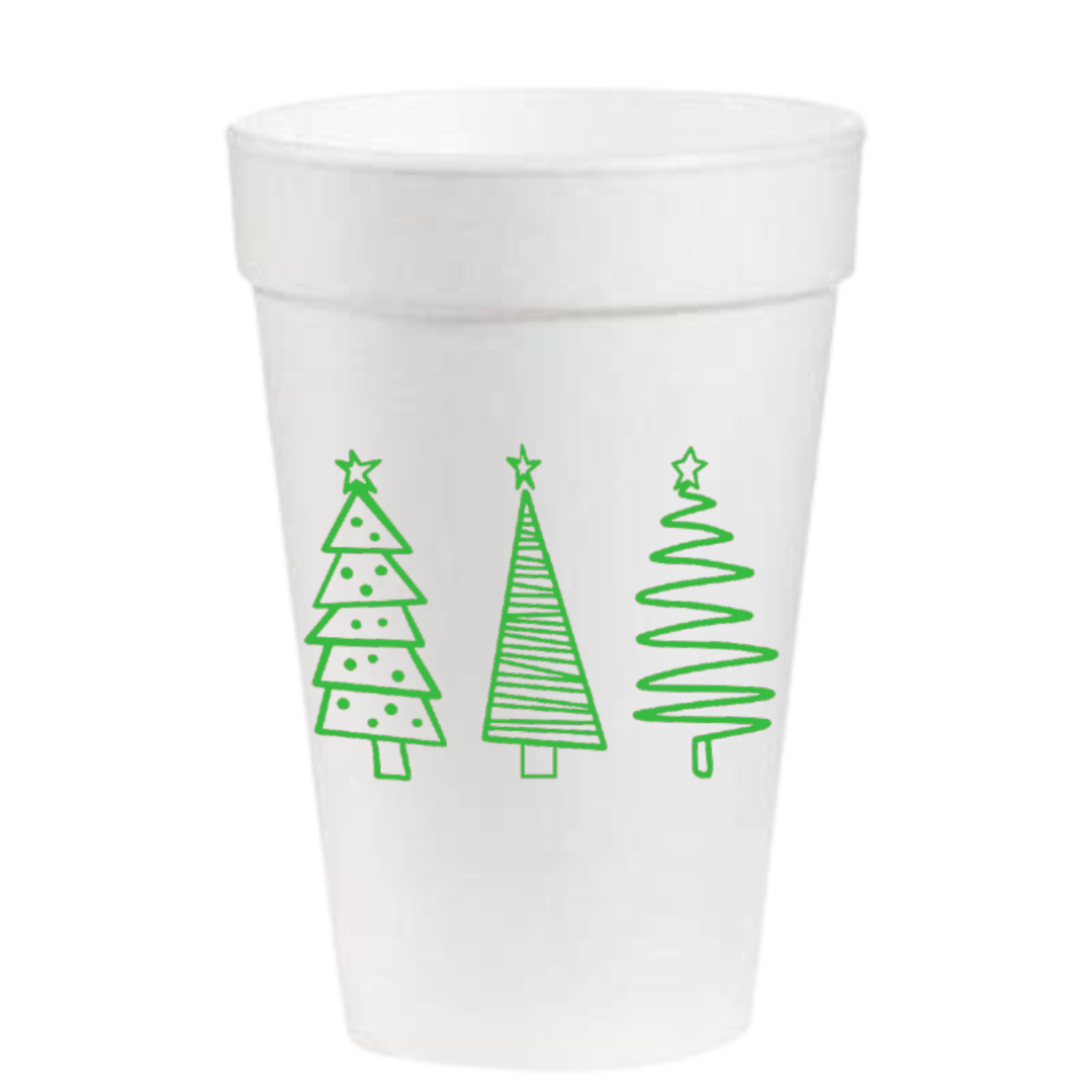 A white cup with Green Christmas Trees on it would be the Christmas Tree Trio- 16oz Styrofoam Cups by Pink Machine.