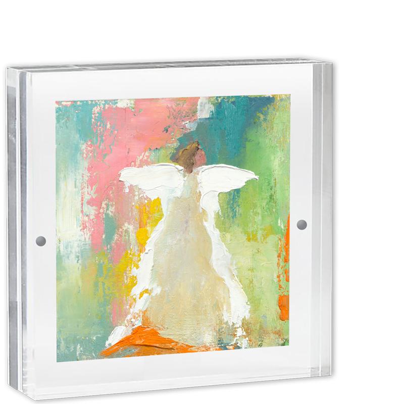 An Anne Neilson's 5x5 Inch Acrylic Frame for Scripture Cards featuring an angel on a white background.
