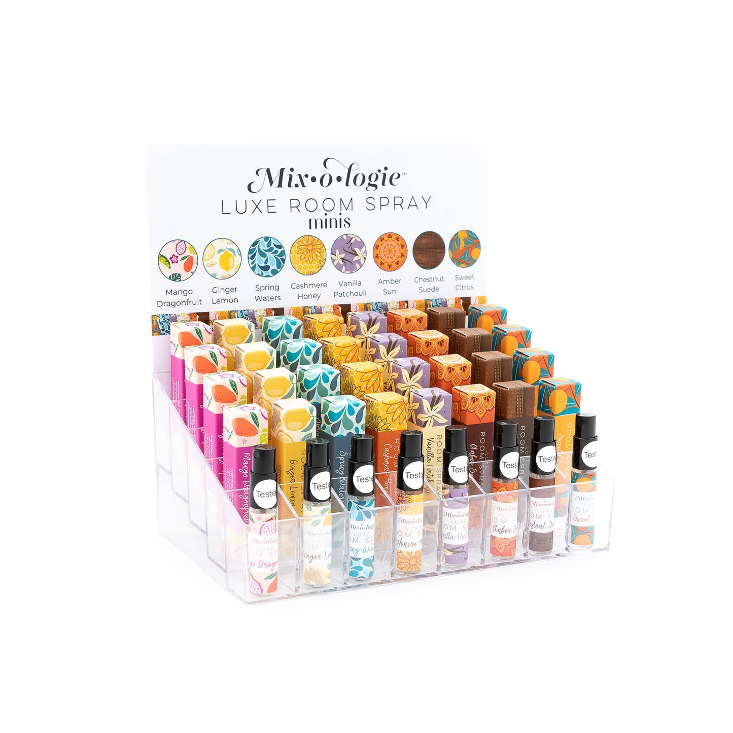 A display case filled with lots of different colored Mixologie Room Spray Mini bottles.