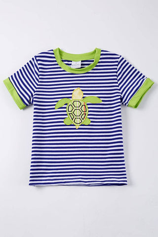 Blue Stripe Sea Turtle Applique Boy Top Kid's T-shirts    - Chickie Collective