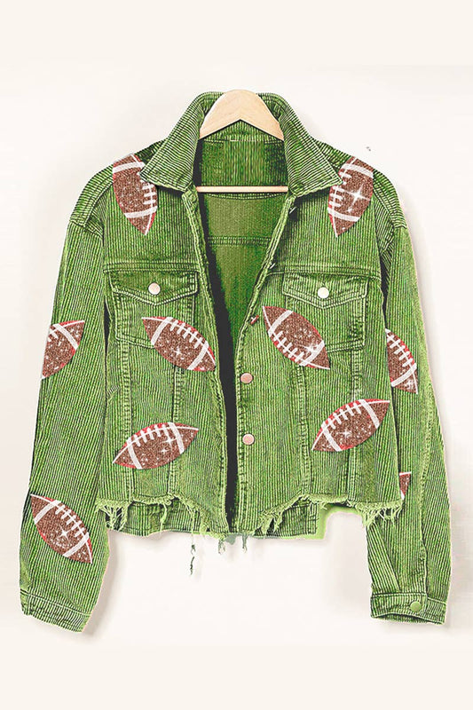A green denim jacket with WOMEN CORDUROY FOOTBALL SEQUIN JACKET_CWOJA0447 from Lily Clothing on it.